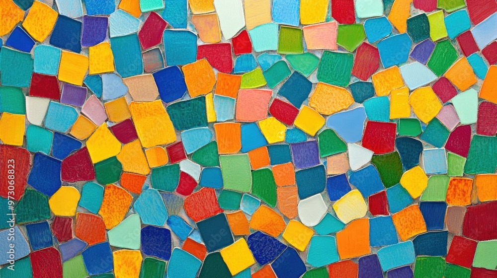 Poster abstract background with a mosaic pattern of small, colorful tiles arranged in a random order.