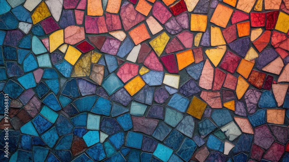 Poster abstract background with a mosaic pattern of small, colorful tiles arranged in a random order.
