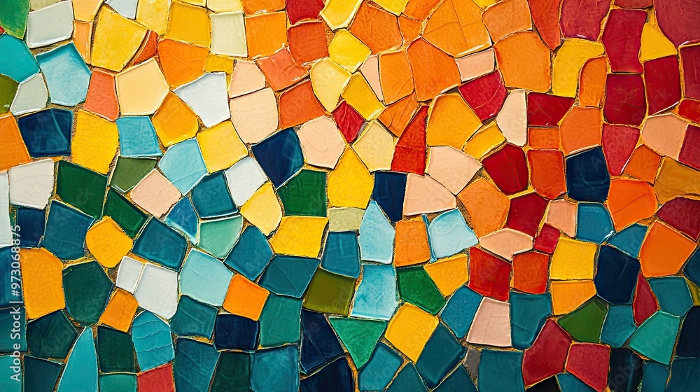 Poster abstract background with a mosaic pattern of small, colorful tiles arranged in a random order.