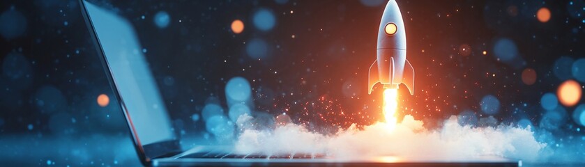 Businessman launching a glowing rocket made of creative ideas from a laptop screen, digital innovation, launching a creative business concept.