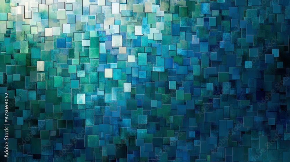 Poster abstract background with a pixelated effect, featuring small squares in various shades of blue and g