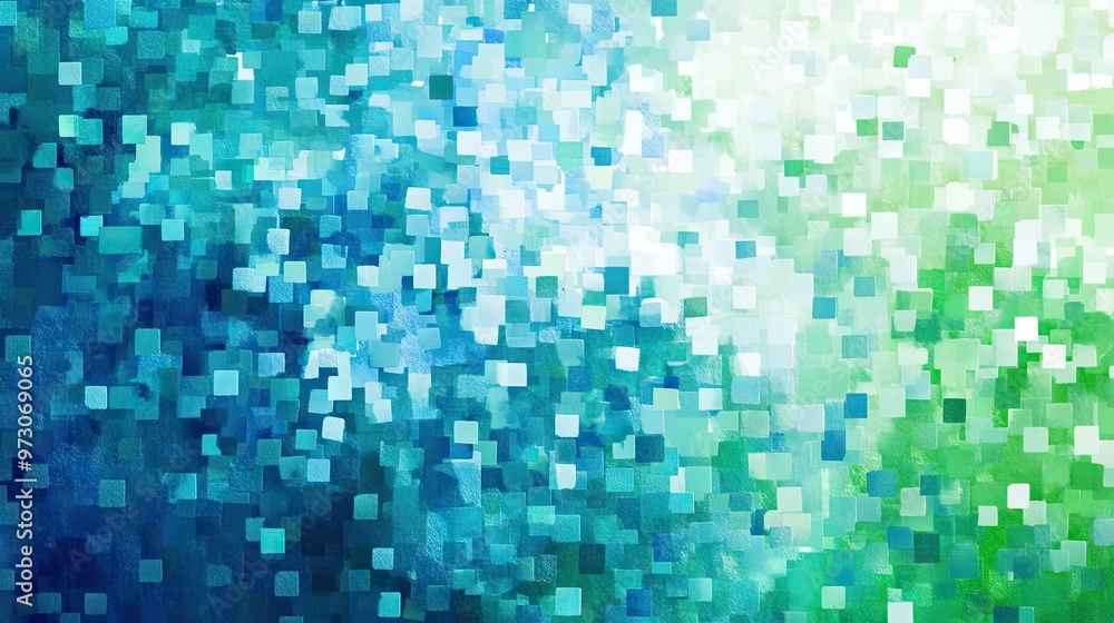 Poster abstract background with a pixelated effect, featuring small squares in various shades of blue and g