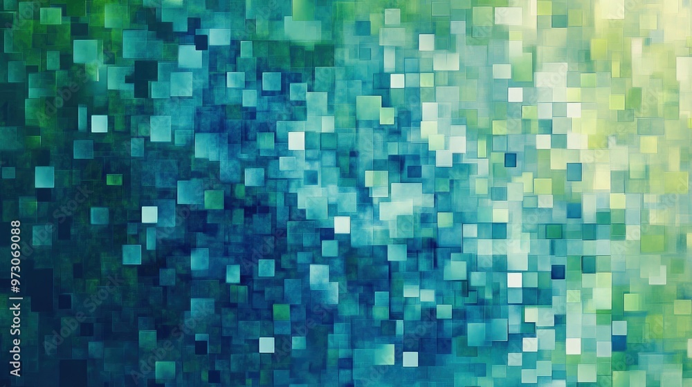 Poster abstract background with a pixelated effect, featuring small squares in various shades of blue and g