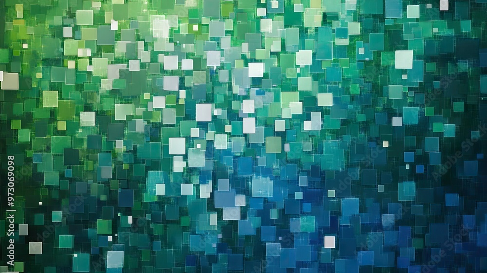 Poster abstract background with a pixelated effect, featuring small squares in various shades of blue and g