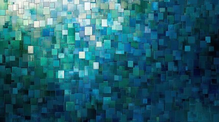 Abstract background with a pixelated effect, featuring small squares in various shades of blue and green.