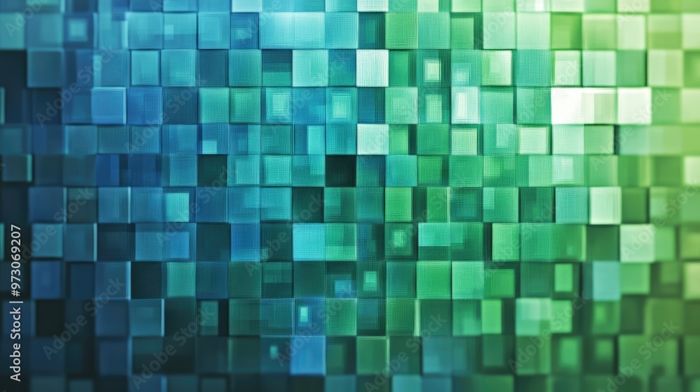 Poster abstract background with a pixelated effect, featuring small squares in varying shades of blue and g