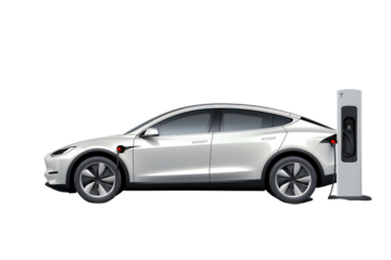 Vintage electric car parked at charging station. Classic and technology style and realistic isolated on white background.