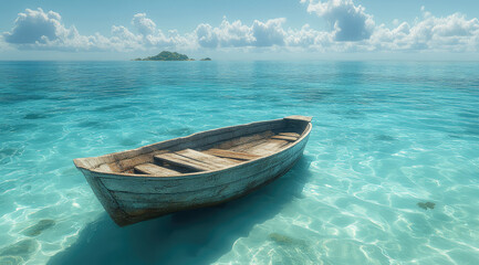 Naklejka premium the row boat in the green ocean water of a tropical island 