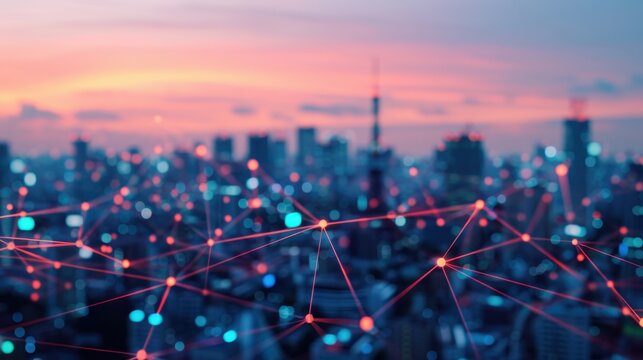 Blurred cityscape at dusk with glowing red network connections overlaid, symbolizing a futuristic digital network and smart city technology.