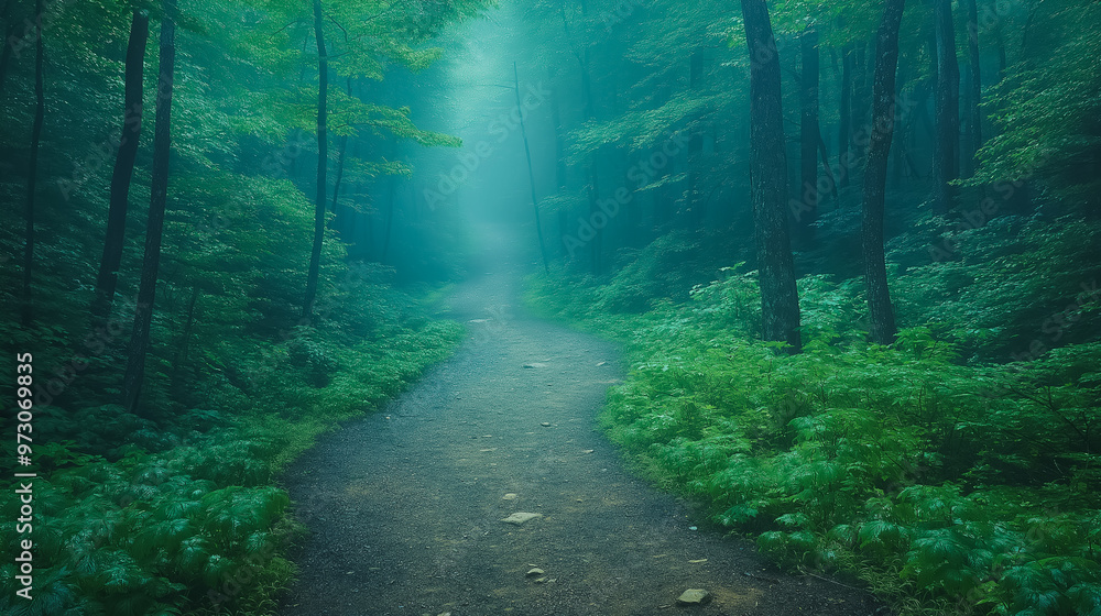Poster a path through a forest with trees and bushes. the path is wet and muddy