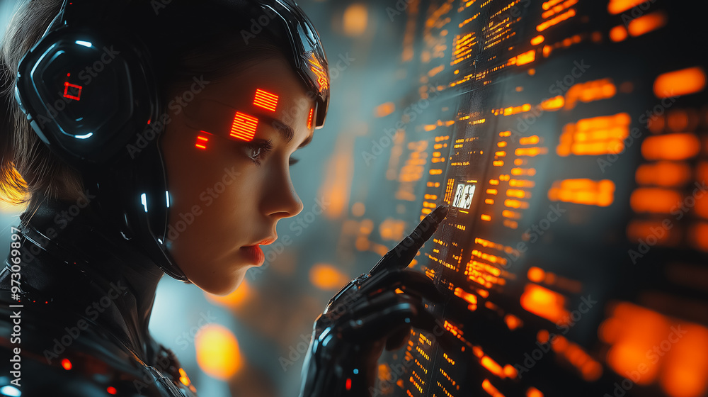 Poster a woman in a futuristic outfit is looking at a computer screen with a red button. concept of technol