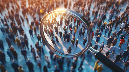 Magnifying glass focusing on unique individual among crowd representing customercentric approach and personalized service 3d render. 3d crowd. Illustrations

