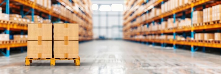 Stacked cardboard boxes secured on a yellow pallet in the middle of a large warehouse, surrounded by tall shelves filled with inventory.