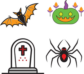 Halloween black orange scary bat, jack-o-lantern with candles, black spider and grave stone icon set on white background.