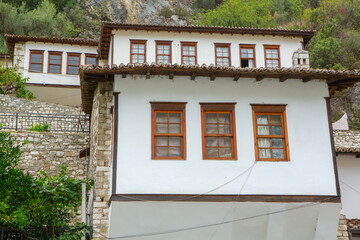 The famous old town of Berat in Albania. Picturesque street with houses from the Ottoman era. Beautiful landscape in central Albania.