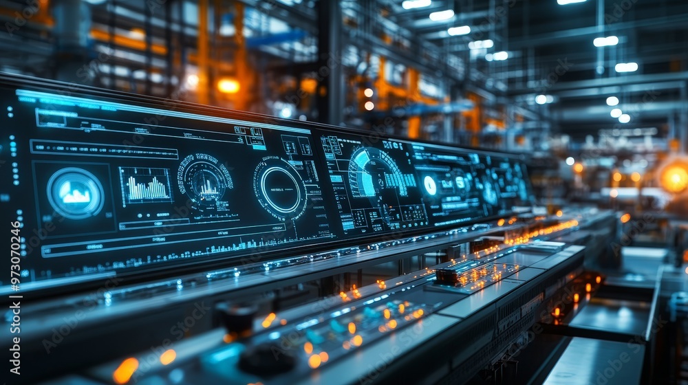 Poster a factory's digital control room is filled with monitors displaying production data, quality metrics