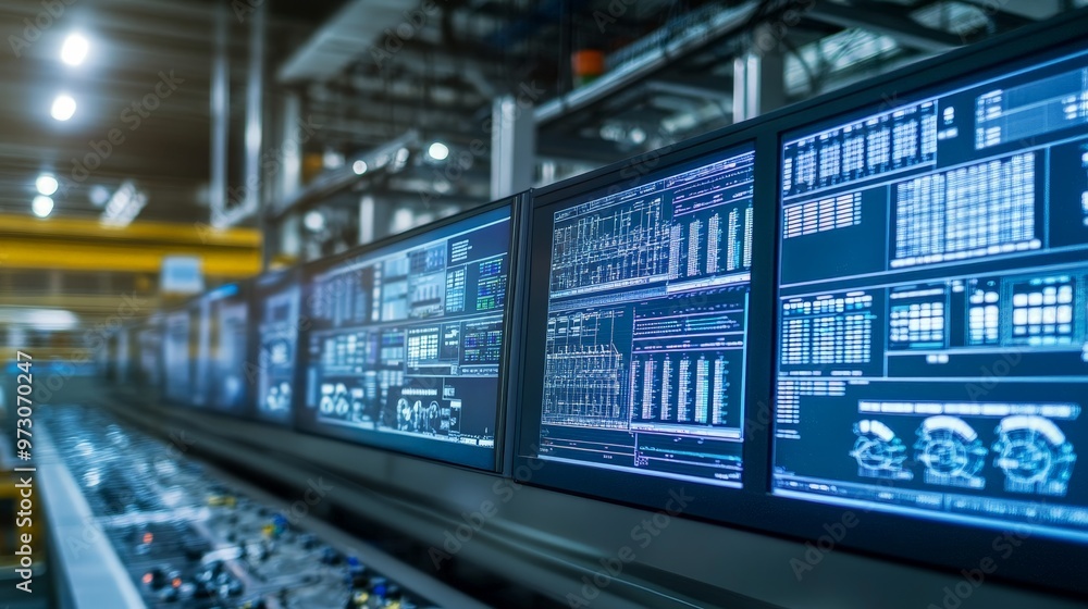 Poster a factory's digital control room is filled with monitors displaying production data, quality metrics