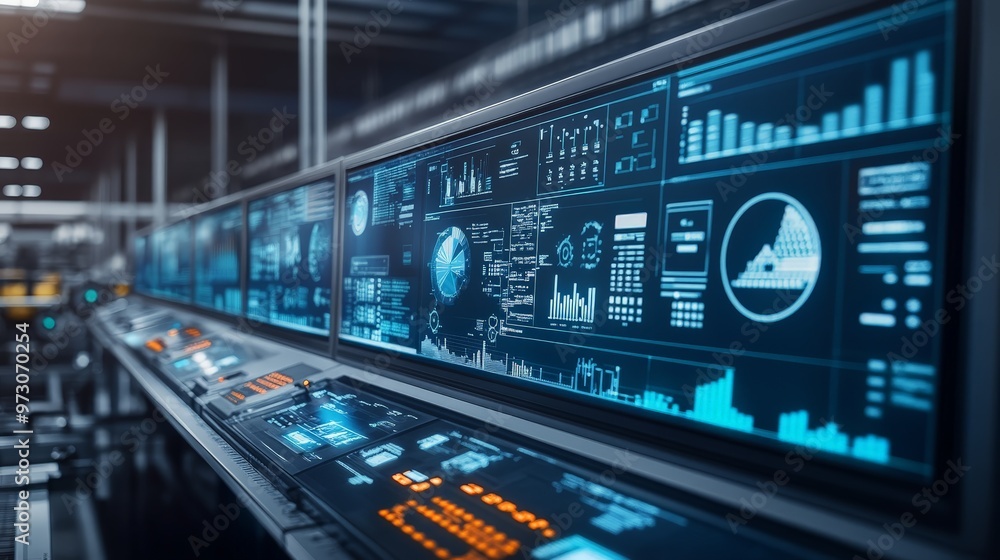 Poster a factory's digital control room is filled with monitors displaying production data, quality metrics