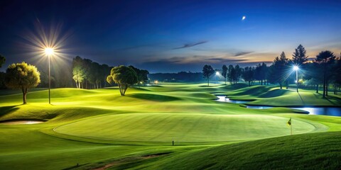 A serene golf field illuminated by bright lights at night