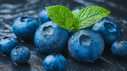 Obraz premium A bunch of blueberries with a green leaf on top. The blueberries are fresh and ripe