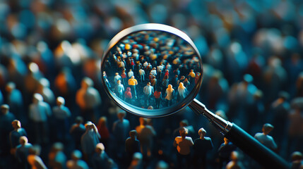 Magnifying glass focusing on unique individual among crowd representing customercentric approach and personalized service 3d render. 3d crowd. Illustrations
