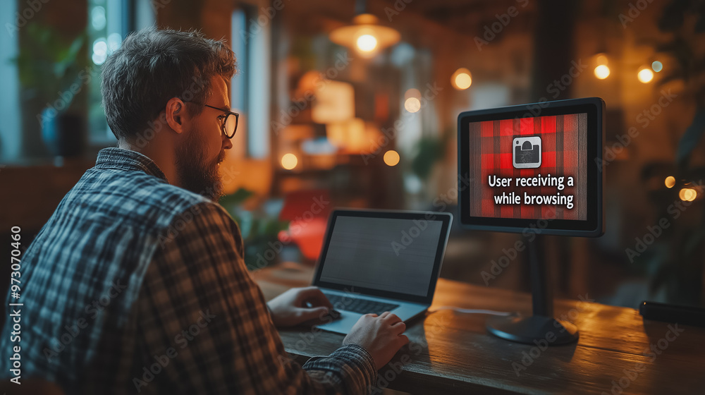 Poster a man is using a laptop and a monitor to browse the internet. the monitor displays a message that sa