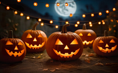 Fototapeta premium glowing halloween pumpkins on blurred background, halloween holiday