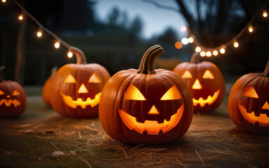 Fototapeta premium glowing halloween pumpkins on blurred background, halloween holiday