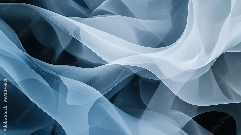 Poster abstract background with layers of translucent shapes in cool tones, creating a sense of depth