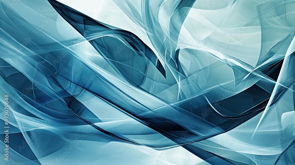 Poster abstract background with layers of translucent shapes in cool tones, creating a sense of depth