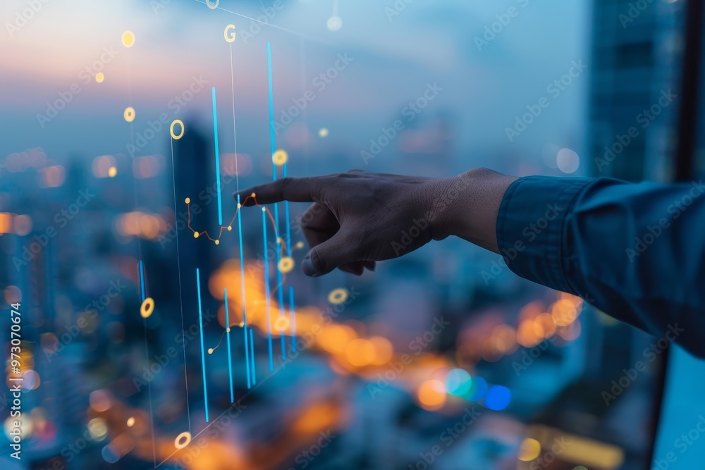 Aufkleber a person is gesturing towards a digital display with glowing graphs and data points while overlookin