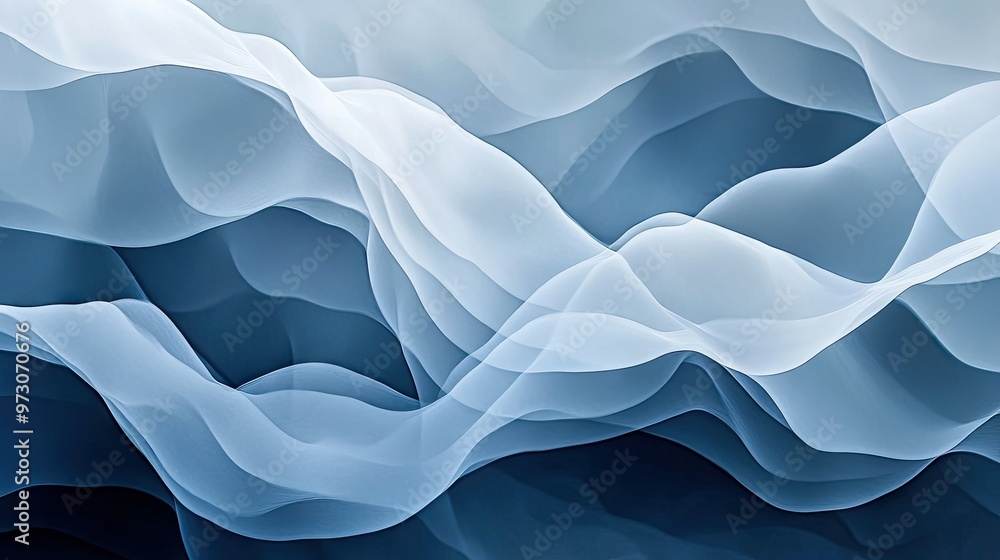 Poster abstract background with layers of translucent shapes in cool tones, creating a sense of depth.