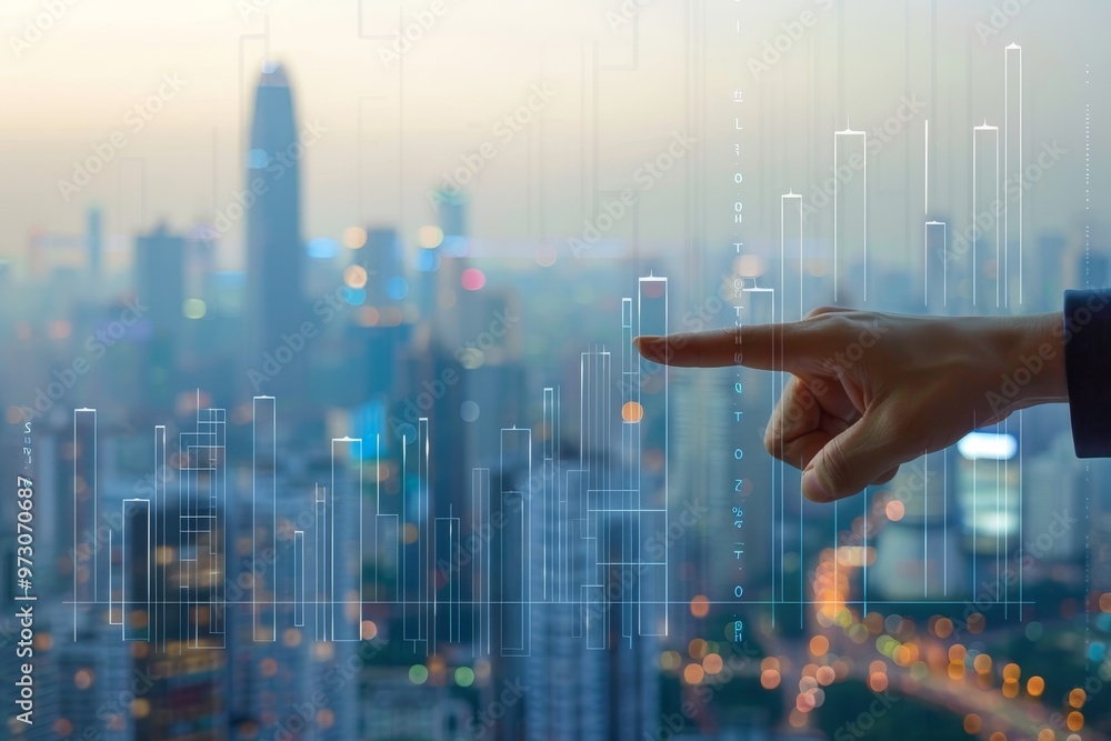 Poster a business professional points towards a digital chart displaying data trends against a city skyline