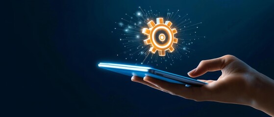 3D gear crank icon emerging from a digital tablet , smart ai machinery, mechanical systems and automation processes, automated Manufacturing  workflow management. 