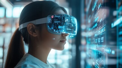 A futuristic educational environment with AI tutors and interactive learning tools. Students use augmented reality glasses