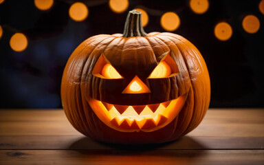 Obraz premium glowing halloween pumpkins on bokeh background, close up, halloween holiday