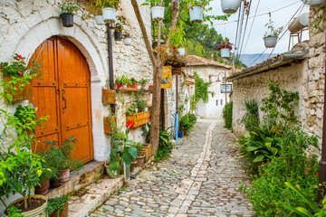 Fototapeta premium The famous old town of Berat in Albania. Picturesque street with houses from the Ottoman era. Beautiful landscape in central Albania.