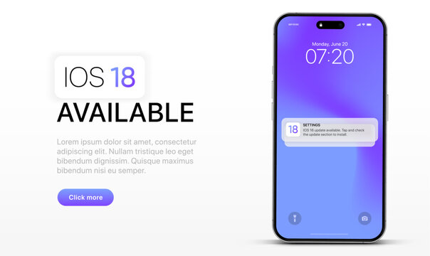 Istanbul, Turkey-September 14, 2024: 3D high quality smartphone mockup screen with new iOS 18 update notification. The next operating system for Apple's IOS 18 will be released.