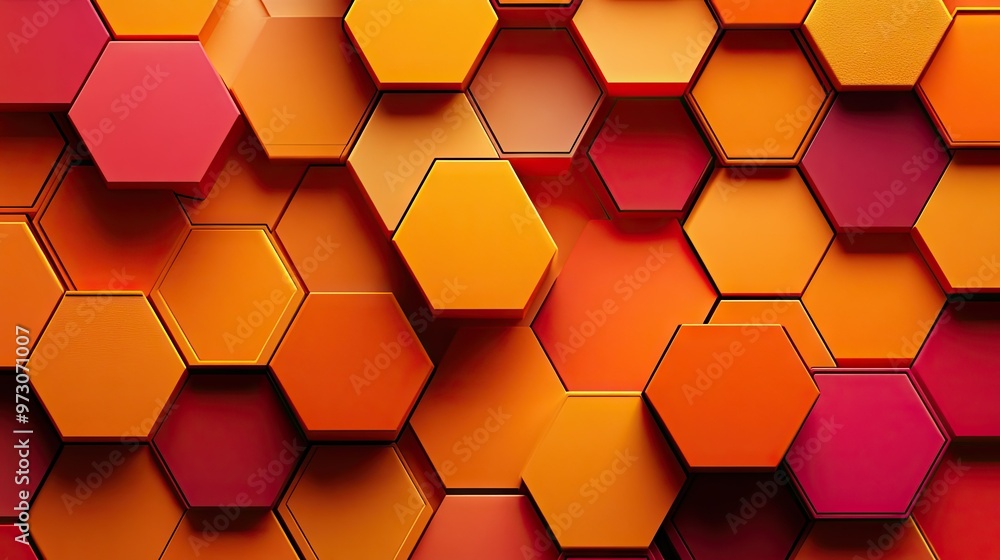 Poster abstract background with overlapping hexagons in a gradient of warm colors, creating a honeycomb eff