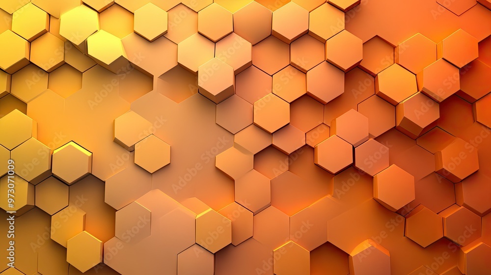 Poster abstract background with overlapping hexagons in a gradient of warm colors, creating a honeycomb eff
