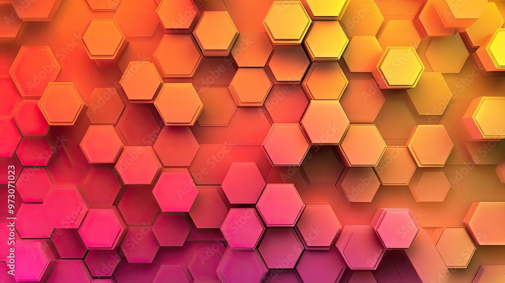 Poster abstract background with overlapping hexagons in a gradient of warm colors, creating a honeycomb eff