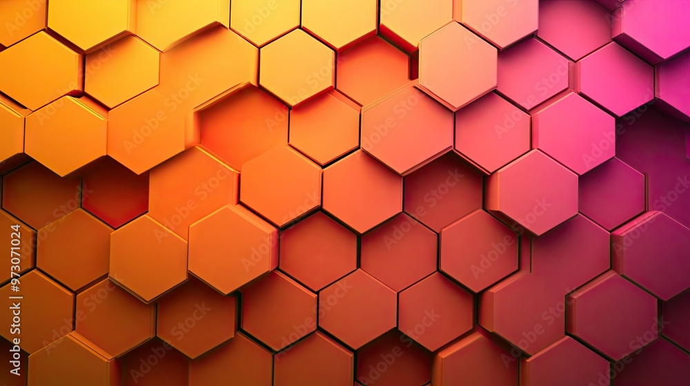 Poster abstract background with overlapping hexagons in a gradient of warm colors, creating a honeycomb eff