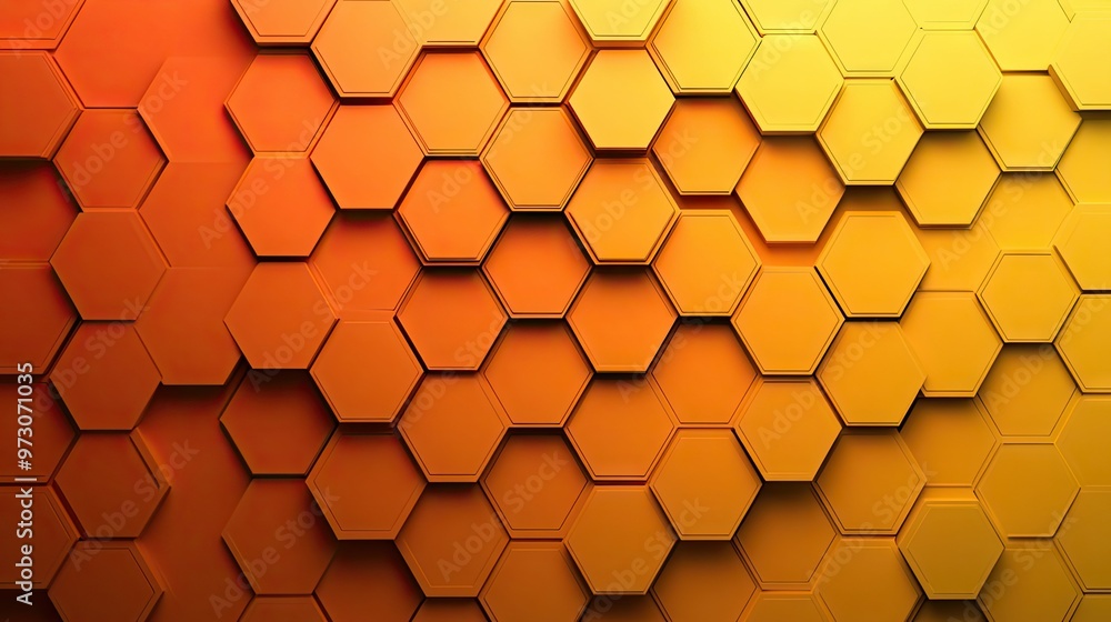 Poster abstract background with overlapping hexagons in a gradient of warm colors, creating a honeycomb eff