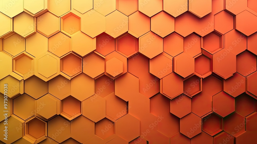 Poster abstract background with overlapping hexagons in a gradient of warm colors, creating a honeycomb eff