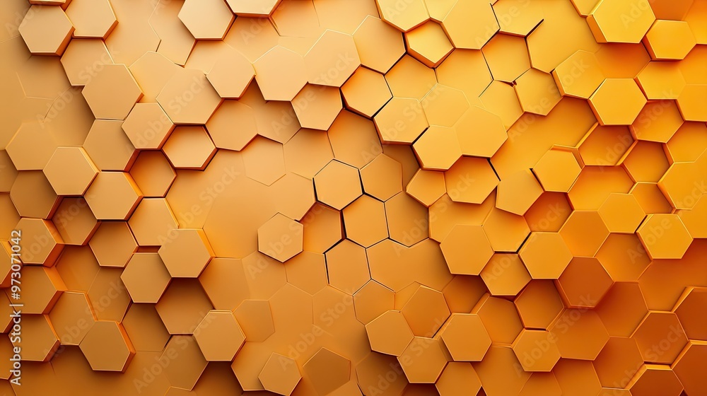 Poster abstract background with overlapping hexagons in a gradient of warm colors, creating a honeycomb eff