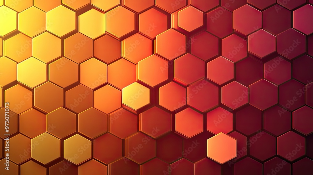Poster abstract background with overlapping hexagons in a gradient of warm colors, creating a honeycomb eff