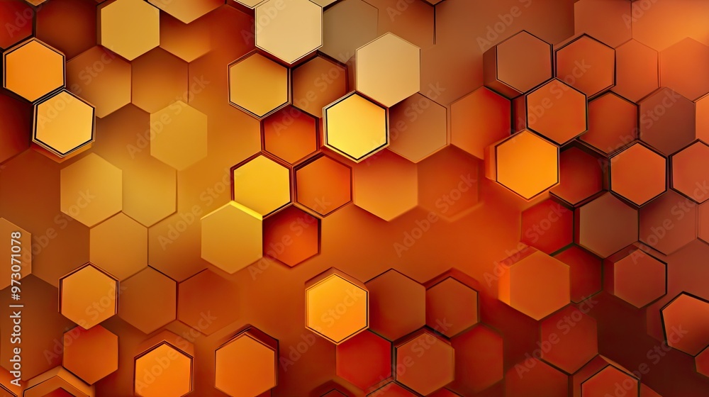 Poster abstract background with overlapping hexagons in a gradient of warm colors, creating a honeycomb eff