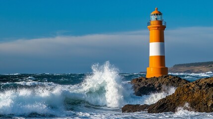 An orange and white lighthouse standing tall on a rocky coast, waves crashing against the base