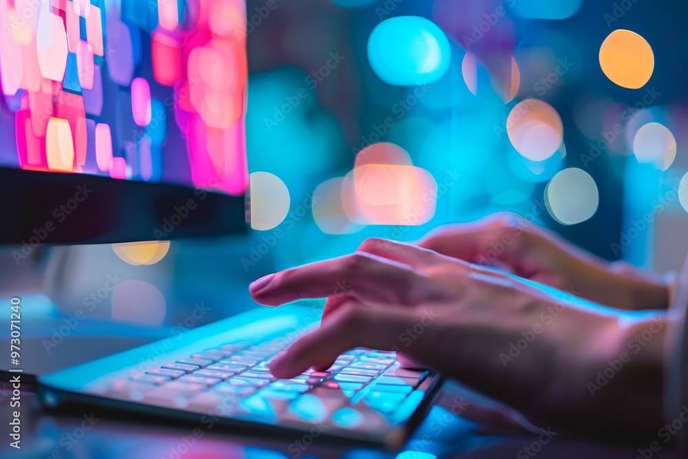 Poster a person is actively typing on a keyboard in a dimly lit room, illuminated by colorful lights reflec