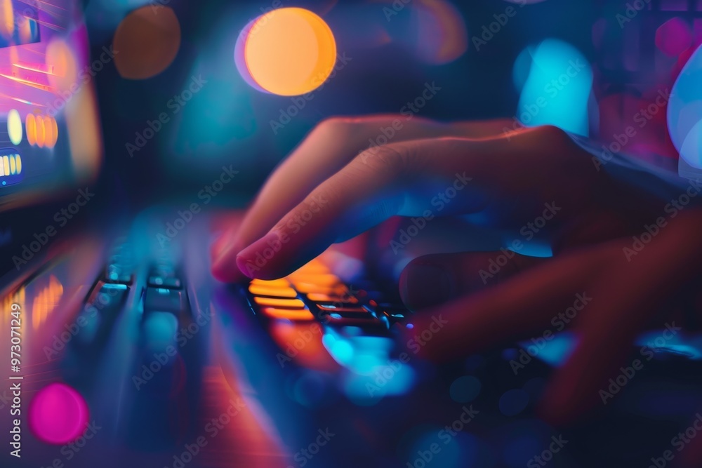 Poster a hand is actively typing on a laptop keyboard, illuminated by vibrant ambient lights in a low-light